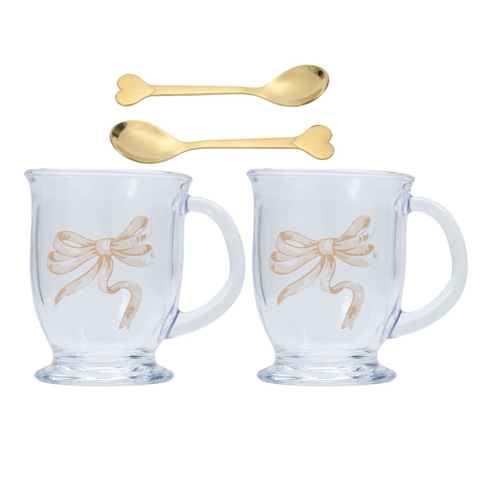 BNIB Betsey Johnson Dainty Bow Clear Glass Mug & Gold Spoon Set